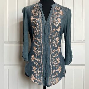 Anthropologie Slate Blue Button-Front Top with Cream Floral Embroidery
